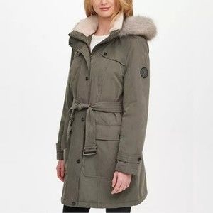 DKNY Belted Faux-Fur-Trim Hooded Water-Resistant jacket, size S